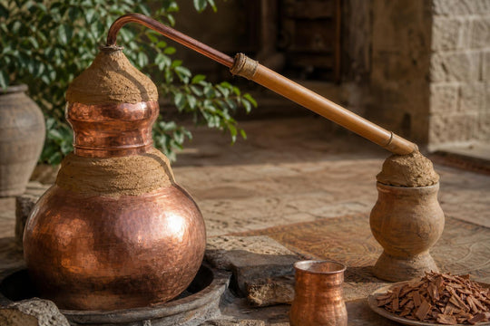 Eine traditionelle Kupferdestille für Attar mit Lehmverschluss und Bambusrohr, wie sie in Kannaujs jahrhundertealter Destillationsmethode verwendet wird