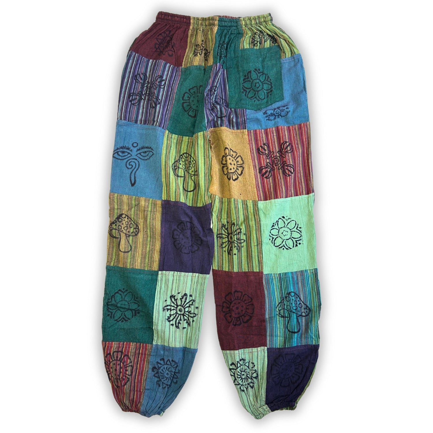 Nomad Sari - Mushroom Pants - Block Print Designs - Green Tones S/M - SHAMTAM.COM