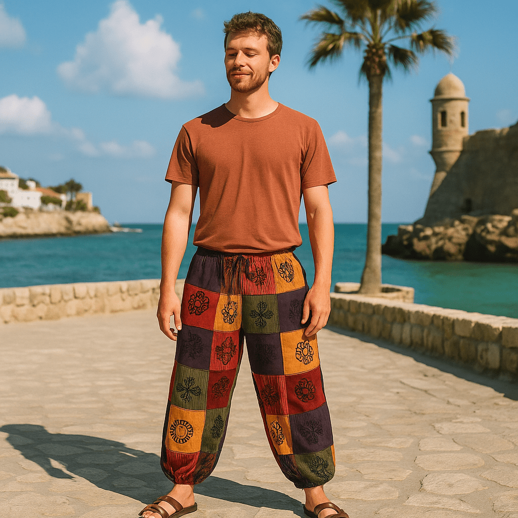 Nomad Sari - Mushroom Pants - Block Print Designs - Orange Tones L/XL - SHAMTAM.COM