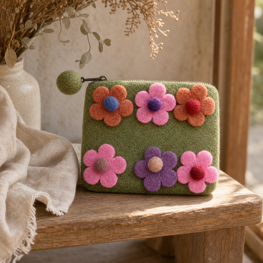 Natural Felt Zipper Pouches - Six Flowers — styled in a warm, naturally lit interior