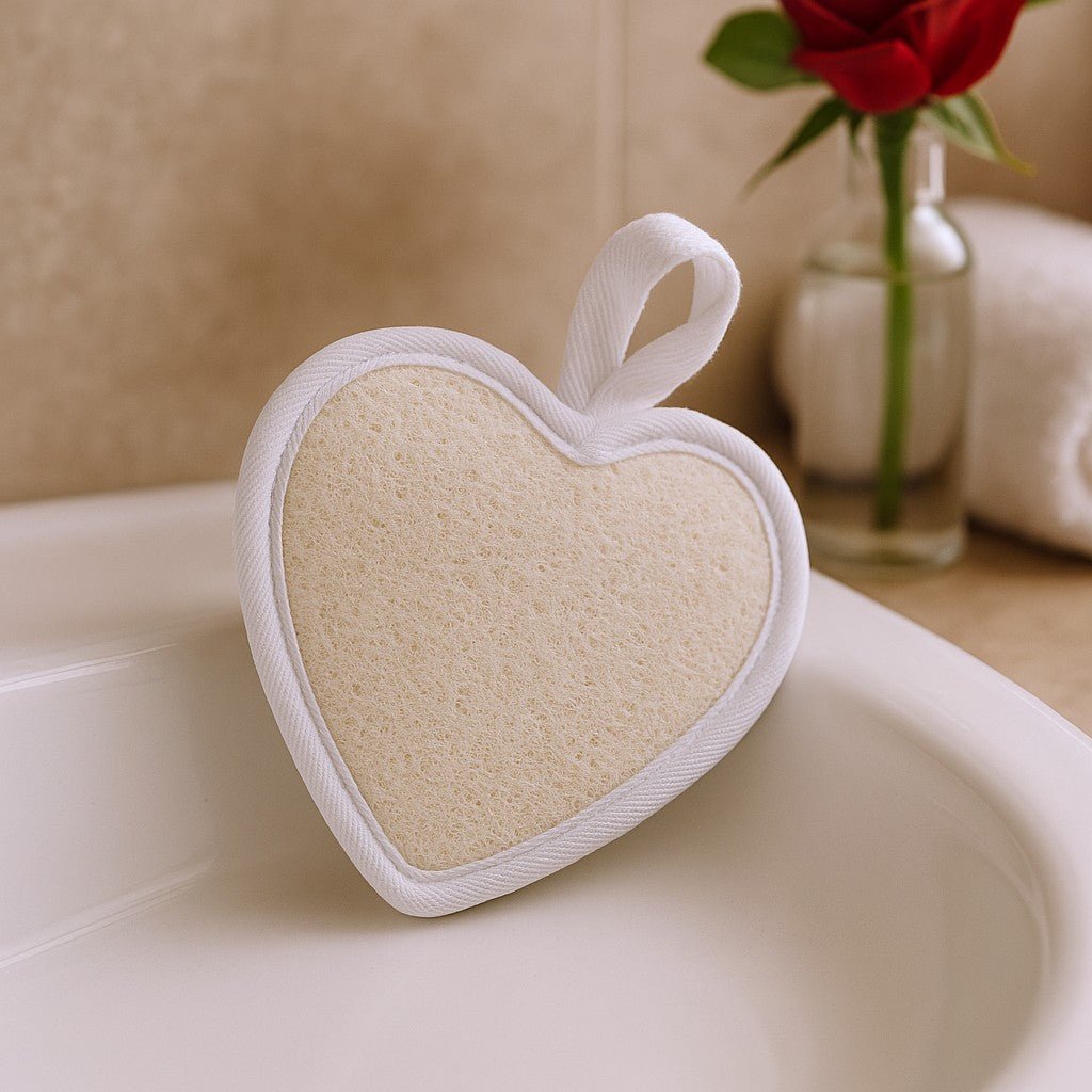 Heart-shaped bath sponge on a sink with a blurred background