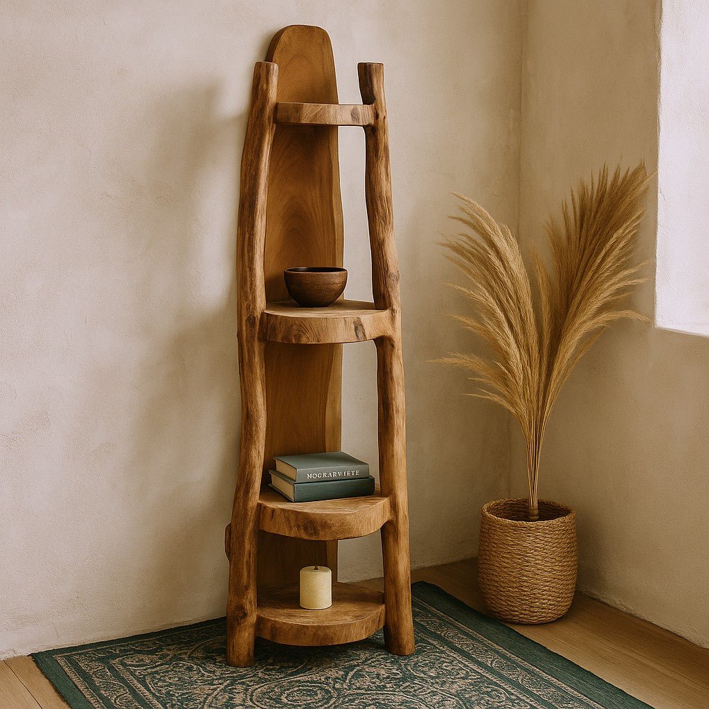 Wooden shelf with decorative items against a beige wall