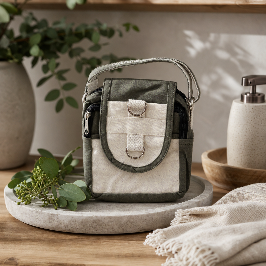 Natural Travel Bag - Charcoal — styled in a warm, naturally lit interior