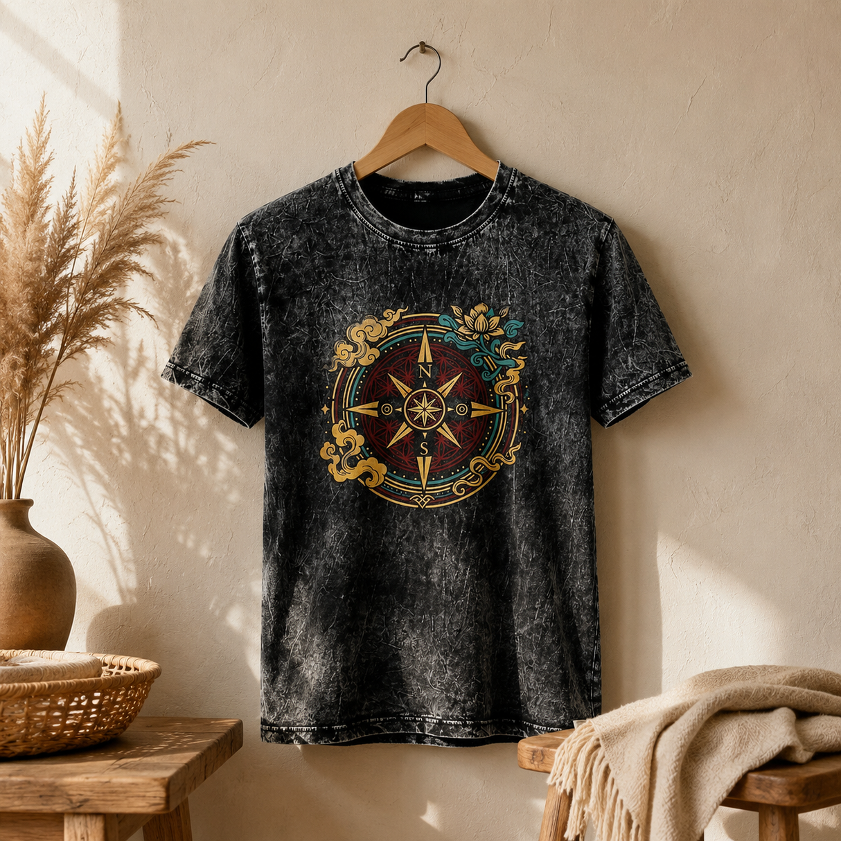 Nomad Sari Stonewashed Pamuk Tişört - Yaşam Pusulası - Kömür Rengi - Small