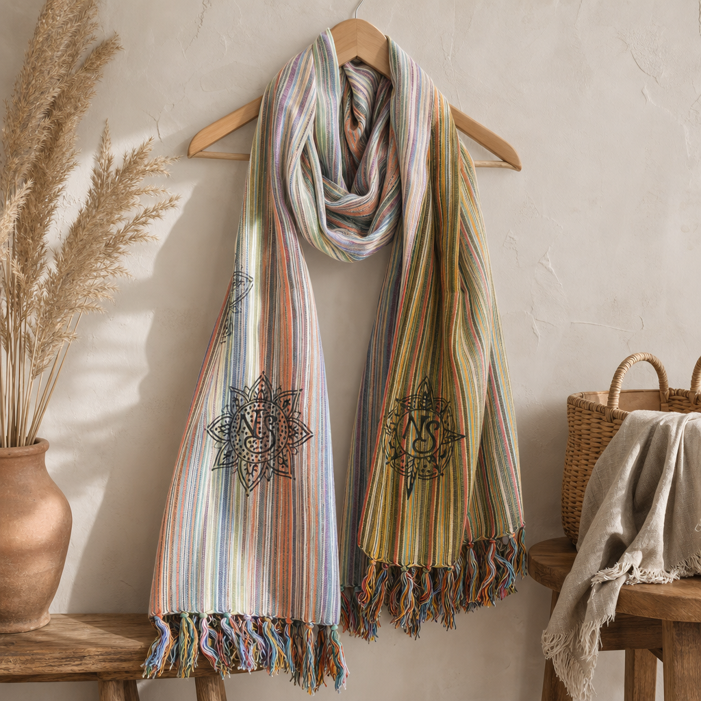Nomad Sari - Travel Blessing Scarf - 170 × 50 cm - Sky Meets Earth — styled in a warm, naturally lit interior