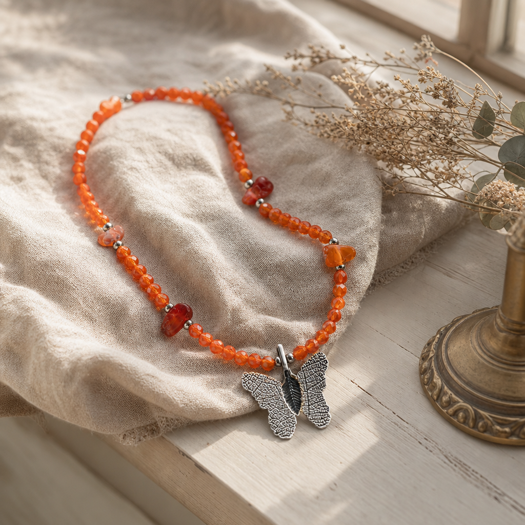 Nymph Ruby Gemstone Necklace with Real Leaf Butterfly Pendant — styled in a warm, naturally lit interior