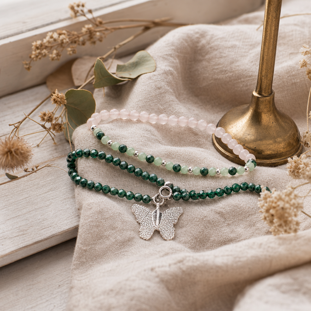 Nymph Spirit Gemstone Bracelet Set - Forest Spirit — styled in a warm, naturally lit interior