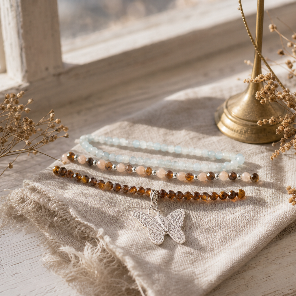 Nymph Spirit Gemstone Bracelet Set - Sea Sunset — styled in a warm, naturally lit interior
