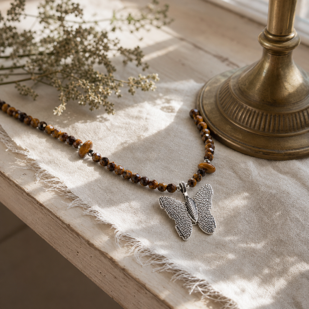 Nymph Tiger's Eye Gemstone Necklace with Real Leaf Butterfly Pendant — styled in a warm, naturally lit interior