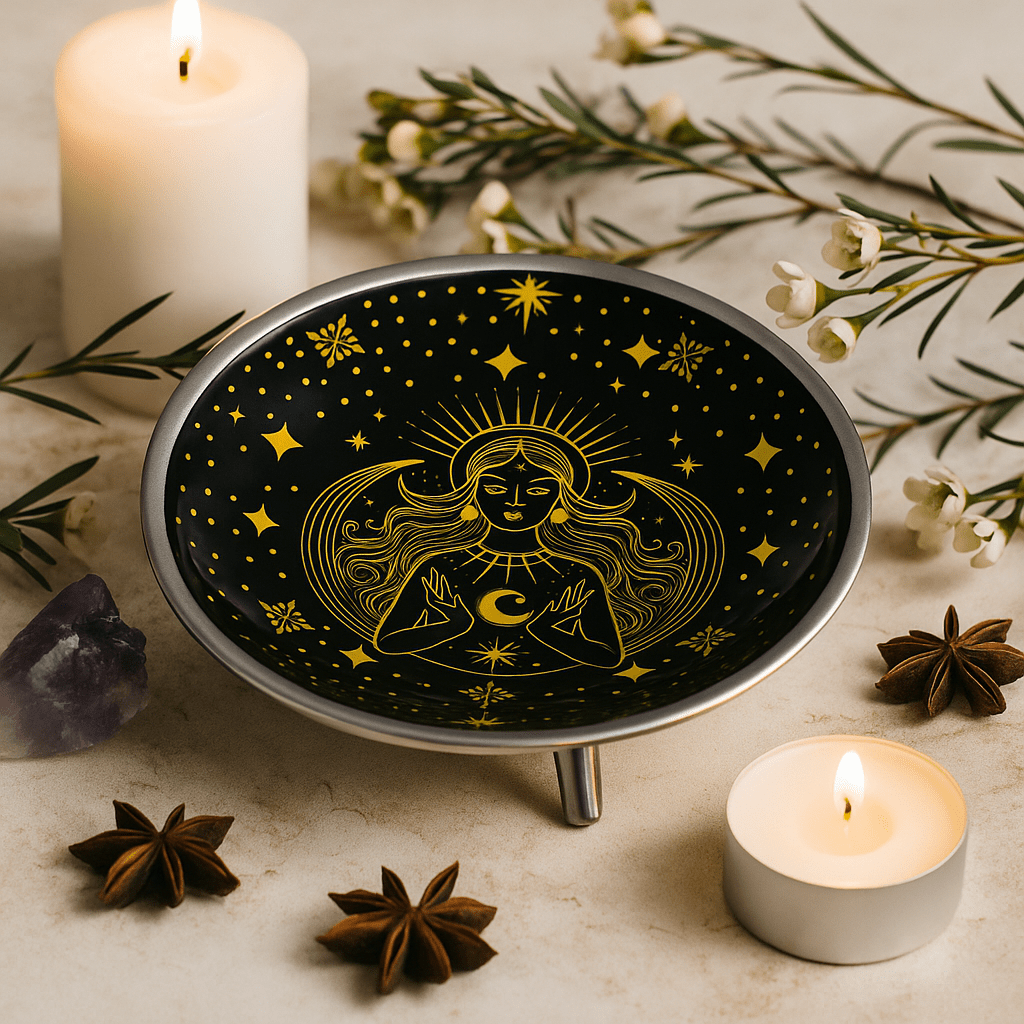 Offering Plate Black Enameled Tripod Gold Goddess - SHAMTAM.COM