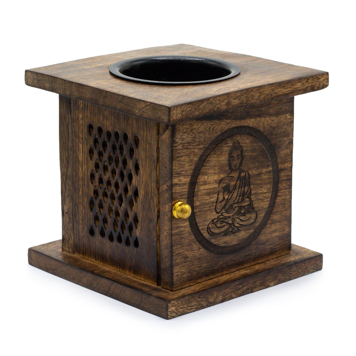 Eco - Friendly Mango Wood Box Burner with Carved Buddha Design - Ideal for Oils and Wax Melts, 12x12 cm - SHAMTAM.COM