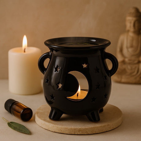 Oil Burner Cauldron Moon and Stars Black - SHAMTAM.COM