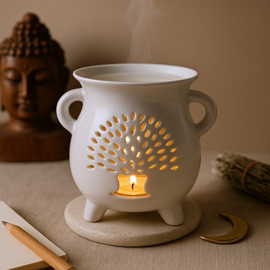 Oil Burner Cauldron Tree of Life in White - SHAMTAM.COM