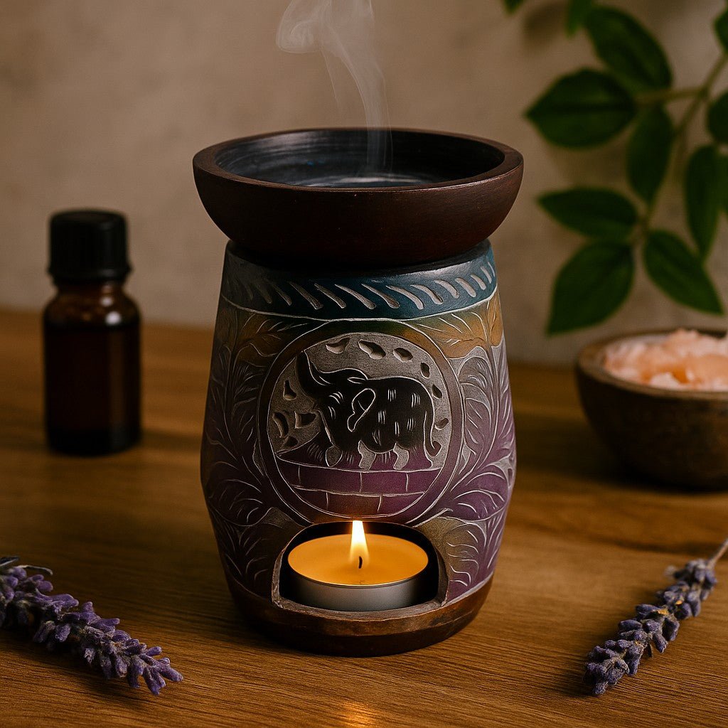 Aromatherapy lamp with a lit candle on a wooden surface, surrounded by lavender and an essential oil bottle.