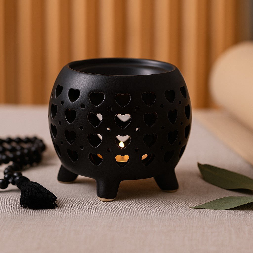 Oil Burner Matte Black Squat Pot Hearts - SHAMTAM.COM