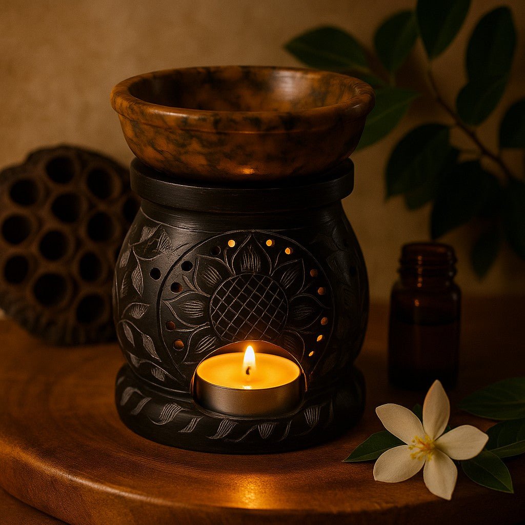 Aromatherapy lamp with a lit candle, surrounded by essential oil bottle and flower on a wooden surface.