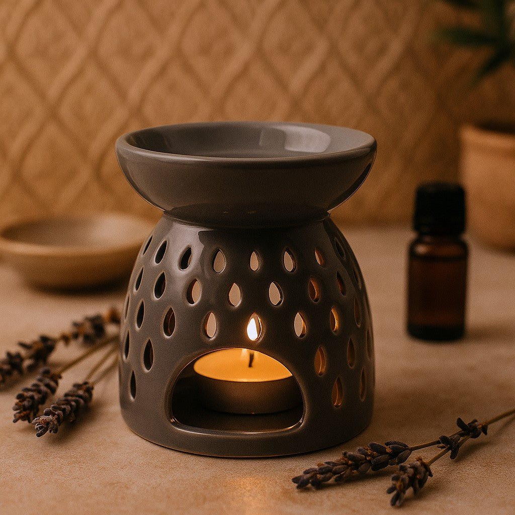 Aromatherapy oil burner with a lit candle, surrounded by lavender and an essential oil bottle on a textured surface.