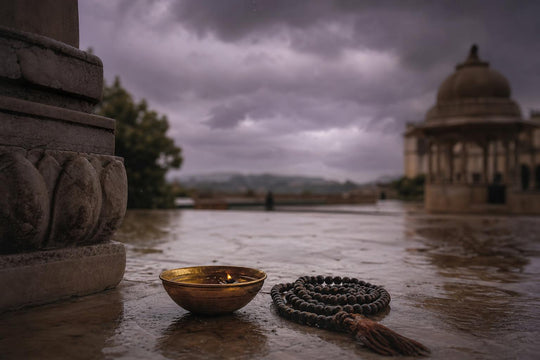 A brass bowl of attar oil and a wooden mala on a pale stone courtyard as the first monsoon drops begin to fall.