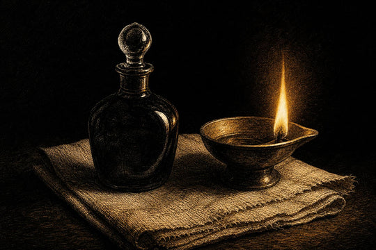 A dark glass attar bottle beside a small oil lamp on folded cloth, lit by a single steady flame against a dark background.