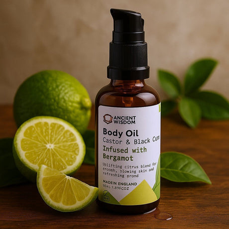Body oil bottle with a label, surrounded by limes and leaves on a wooden surface.