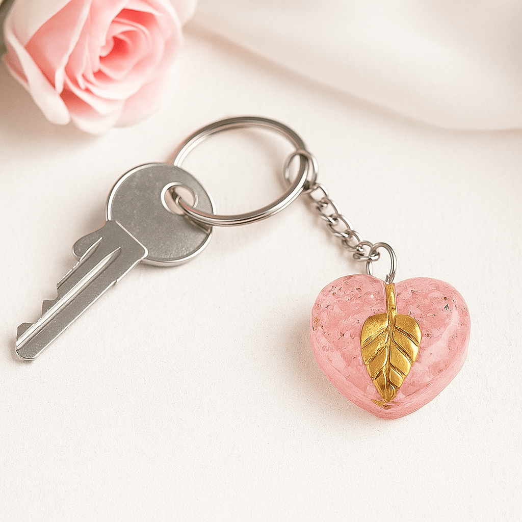 Orgonite Keychain Rose Quartz Heart Golden Leaf - SHAMTAM.COM