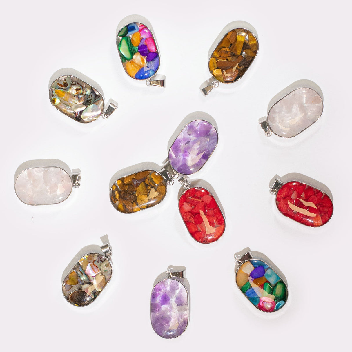 Steel Cased Pendant Ovals - 12 Assorted Gemstone Chips & Shells (12 pcs) - SHAMTAM.COM