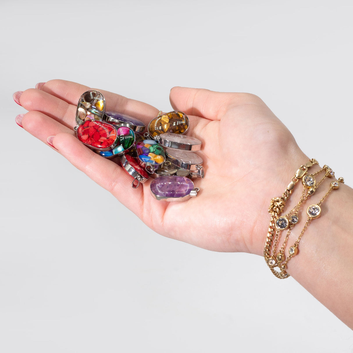 Steel Cased Pendant Ovals - 12 Assorted Gemstone Chips & Shells (12 pcs) - SHAMTAM.COM