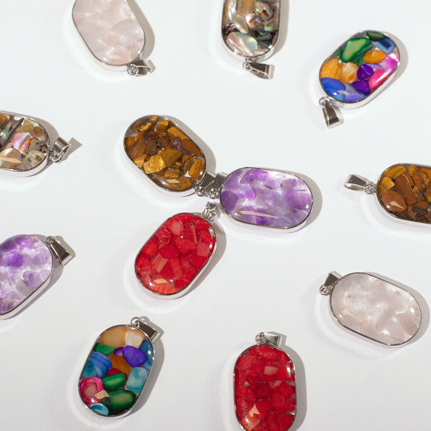 Steel Cased Pendant Ovals - 12 Assorted Gemstone Chips & Shells (12 pcs) - SHAMTAM.COM
