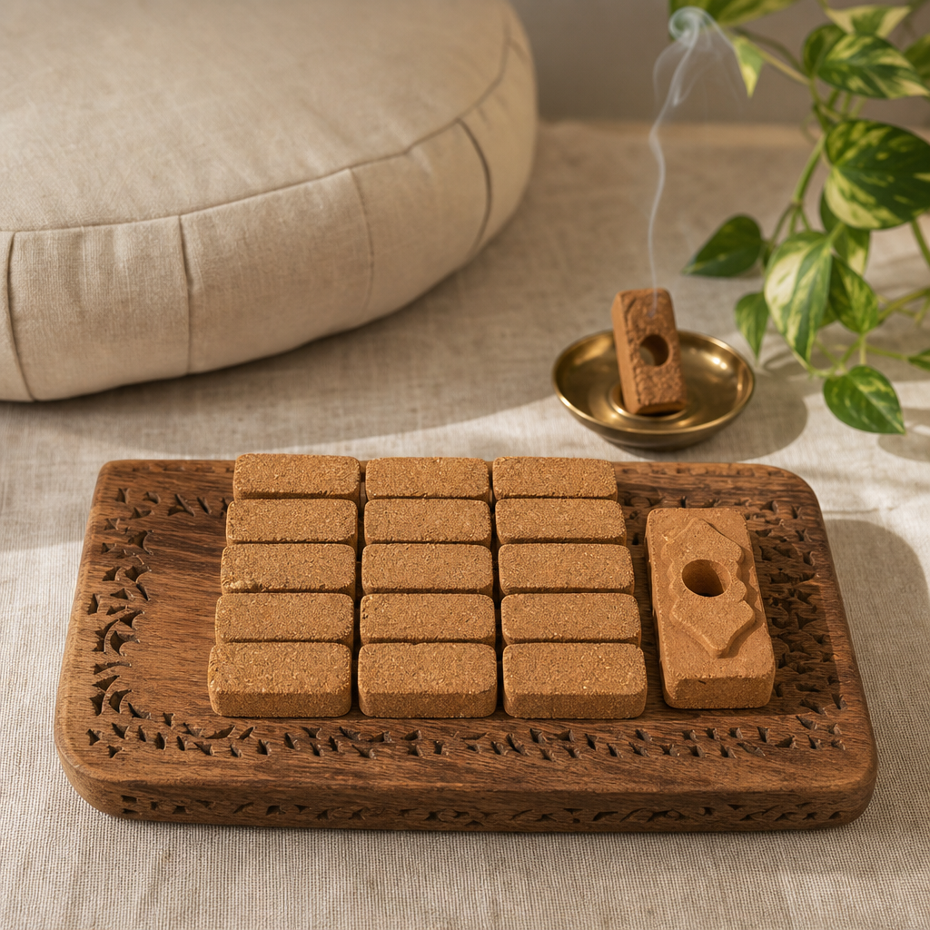 Pack of 15 Natural Incense Smudge Bricks and Burner - Juniper — styled in a warm, naturally lit interior