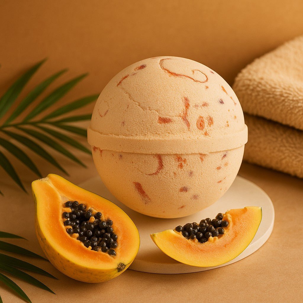 Bath bomb with a papaya and leaf on a beige background