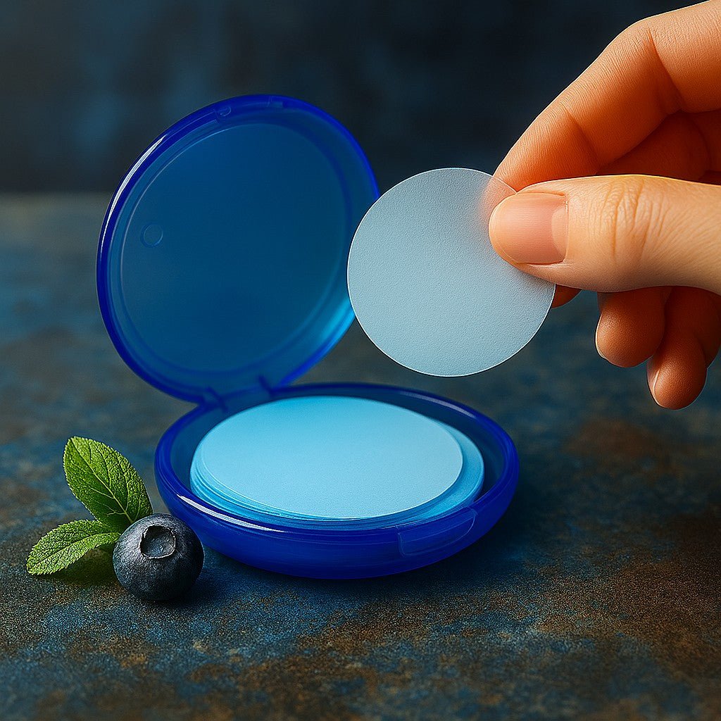 Hand holding a blue circular container with a white disc, next to a blueberry and mint leaves on a dark surface.