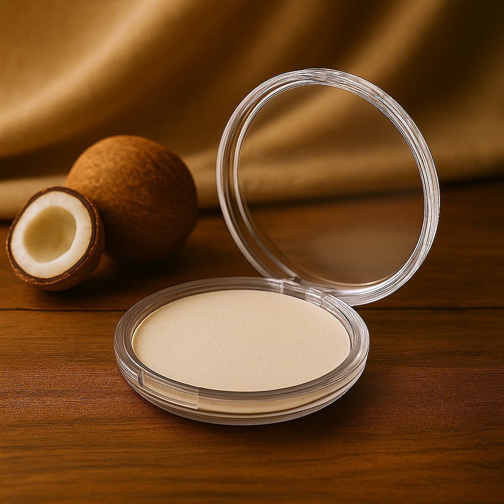 Compact powder in a clear case on a wooden surface with a coconut and brown fabric in the background