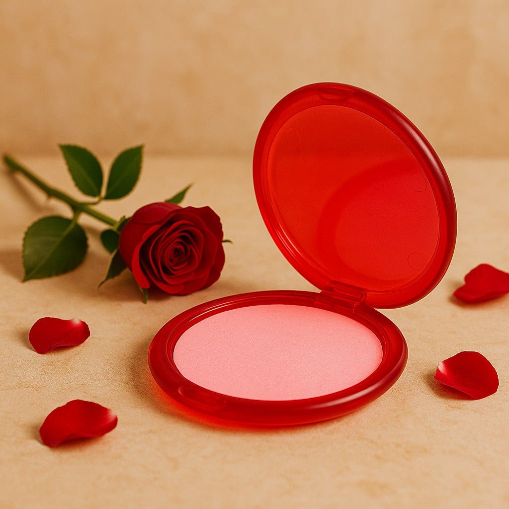 Compact blush with red lid and pink shade on a beige background with a rose and petals.