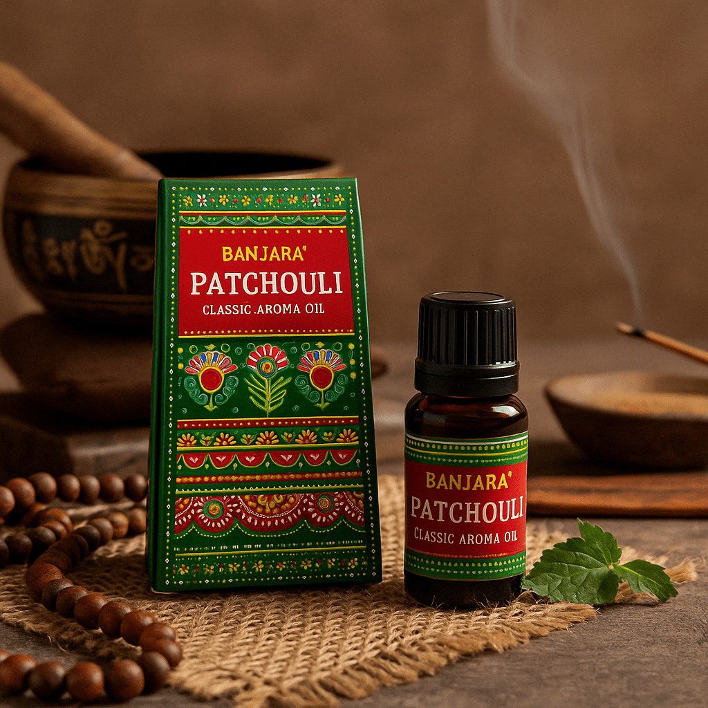 Banjara Patchouli Classic Aroma Oil 10ml - Premium Indian Fragrance in Amber Glass Bottle with Vibrant Packaging - SHAMTAM.COM