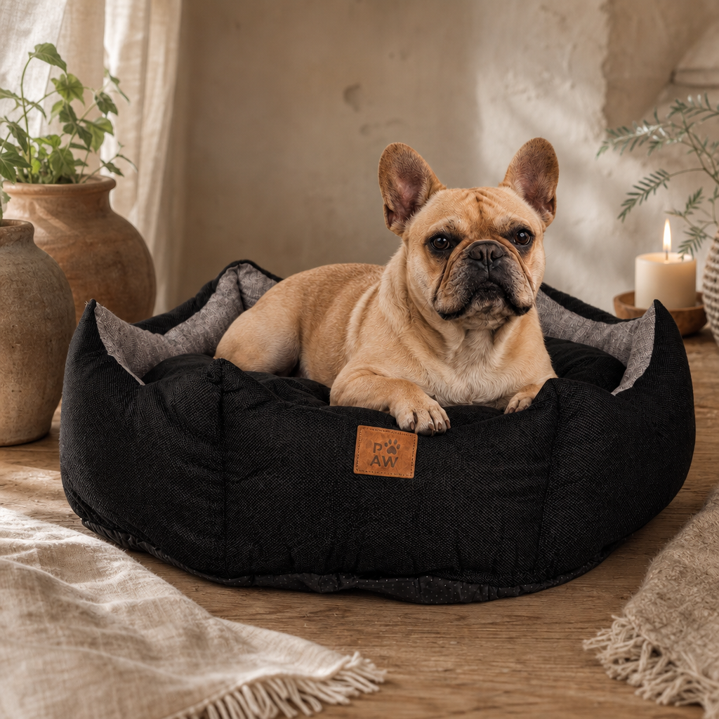 PAW Bed – Large Royal Crown – Black & Grey – 60 × 60 × 26 cm — styled in a warm, naturally lit interior