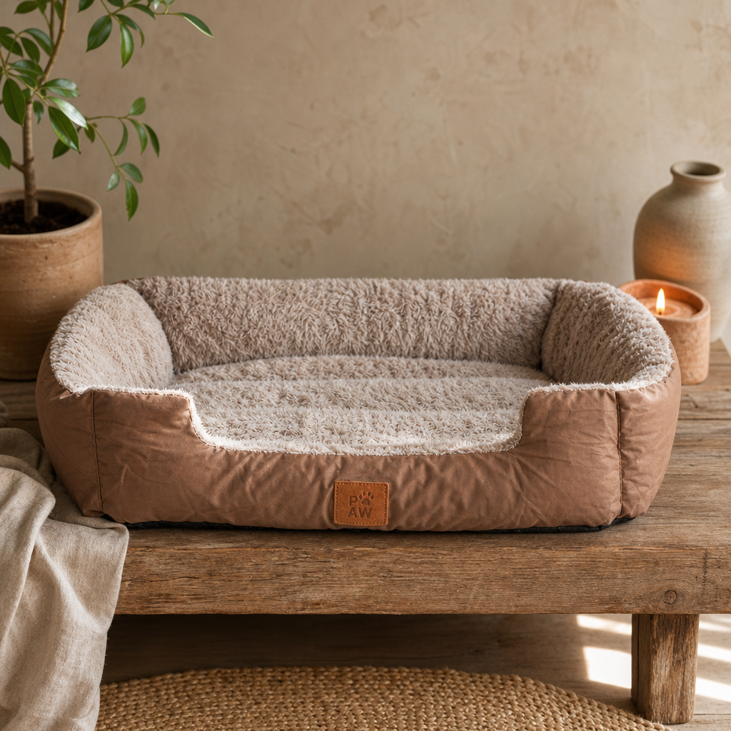 PAW Bed – Medium Plush Teddy Brown – 70 × 55 × 18 cm — styled in a warm, naturally lit interior