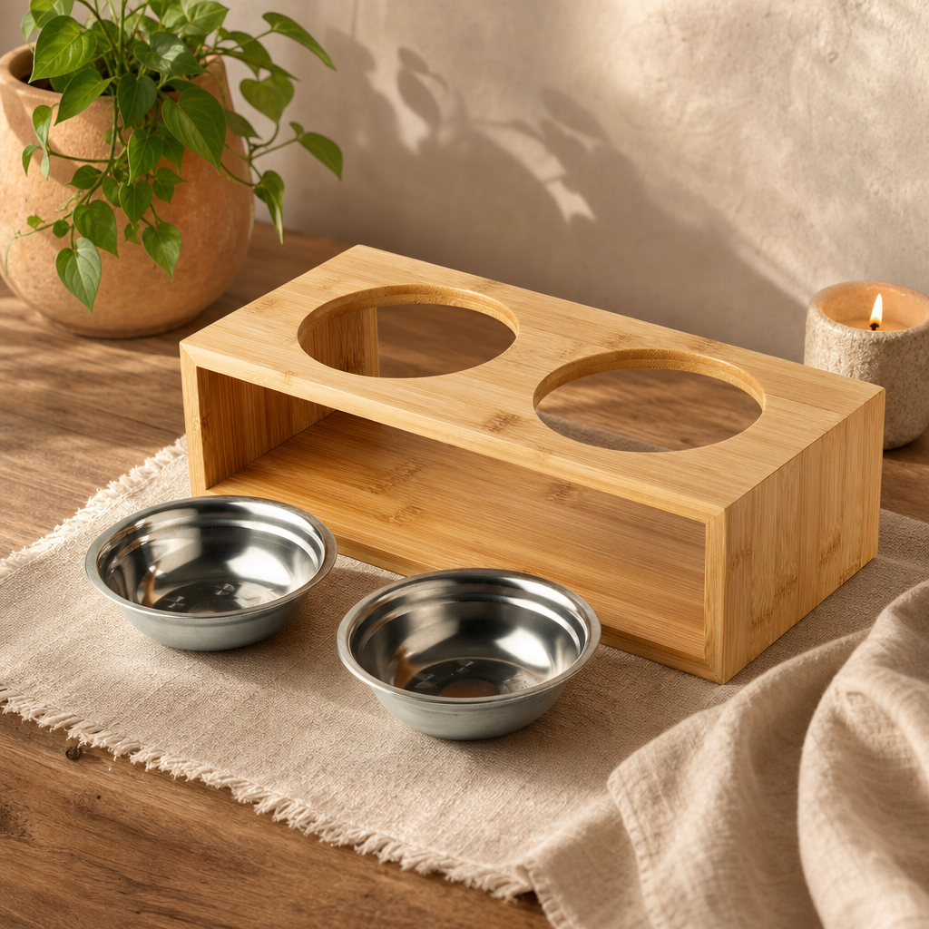 PAW Food Bowls - Large Double Stainless Steel (201) in Wooden Stand - 2 × 13 cm — styled in a warm, naturally lit interior