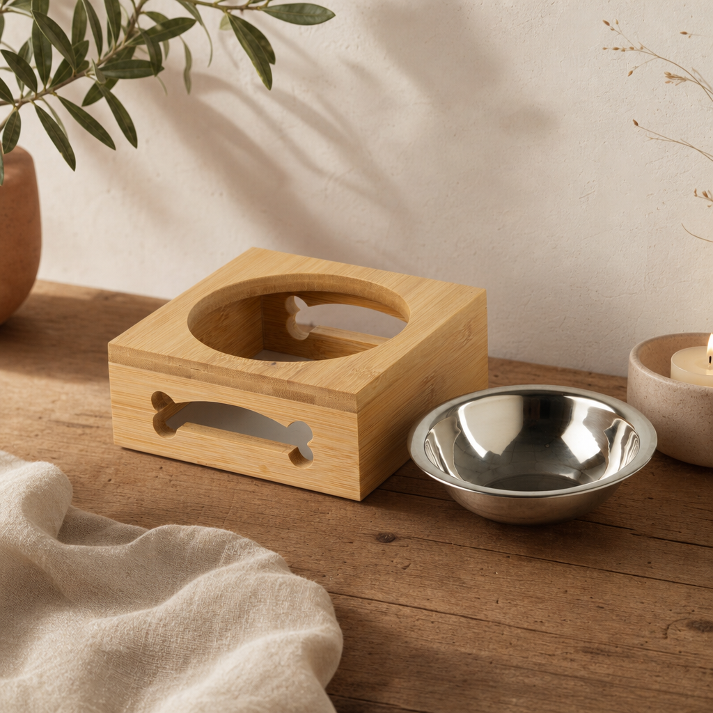 PAW Food Bowls - Single Stainless Steel (201) in Wooden Stand - 12cm — styled in a warm, naturally lit interior