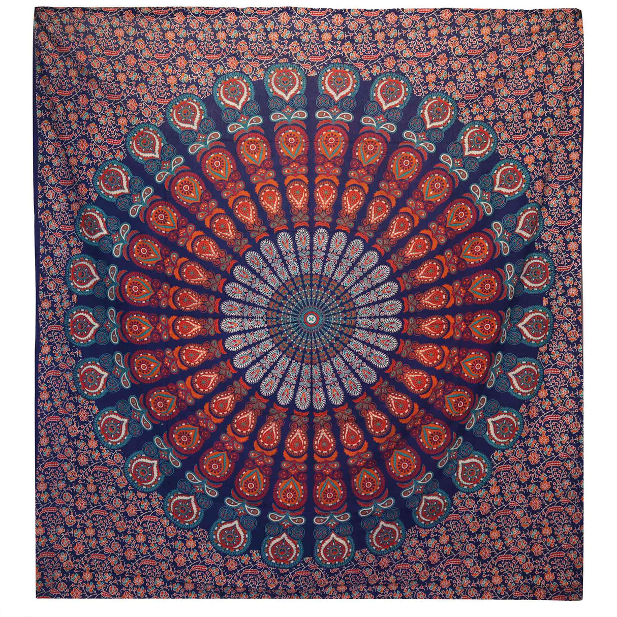 Vibrant Blue Peacock Mandala Double Cotton Bedspread & Wall Hanging - Intricate Floral & Geometric Design - SHAMTAM.COM