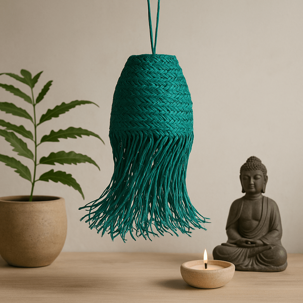 Pendant Light Shade Teal Braided Doum 20x15cm - SHAMTAM.COM