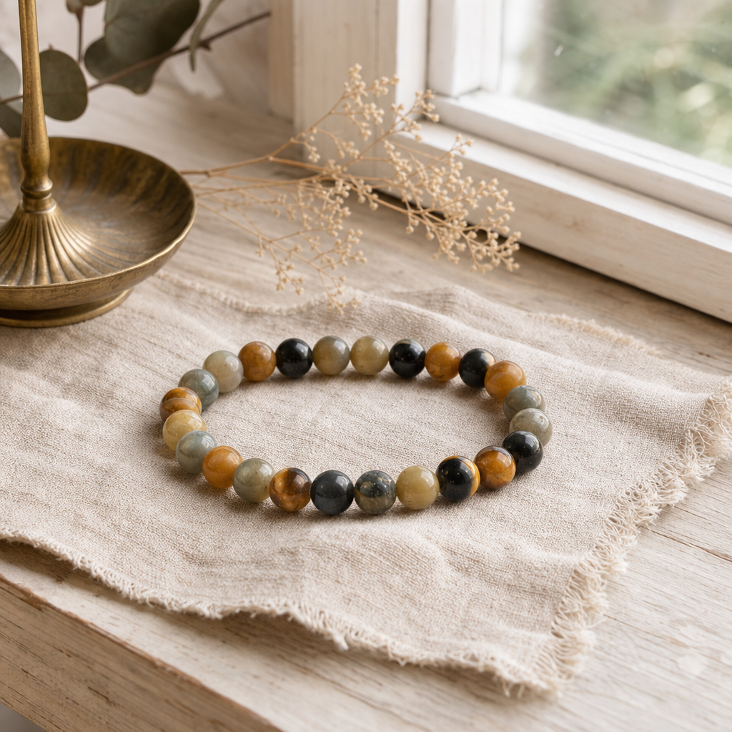 Petite Power Bracelet (17cmx6mm) - Dream Tigereye — styled in a warm, naturally lit interior