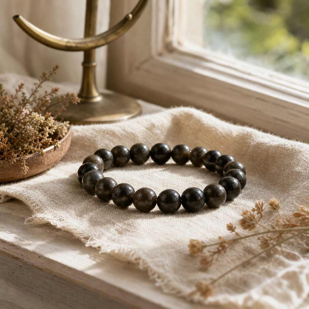 Petite Power Bracelet (17cmx6mm) - Gold Obsidian — styled in a warm, naturally lit interior