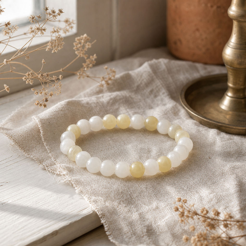 Petite Power Bracelet (17cmx6mm) - Moon Jade — styled in a warm, naturally lit interior