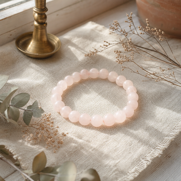Petite Power Bracelet (17cmx6mm) - Rose Quartz — styled in a warm, naturally lit interior