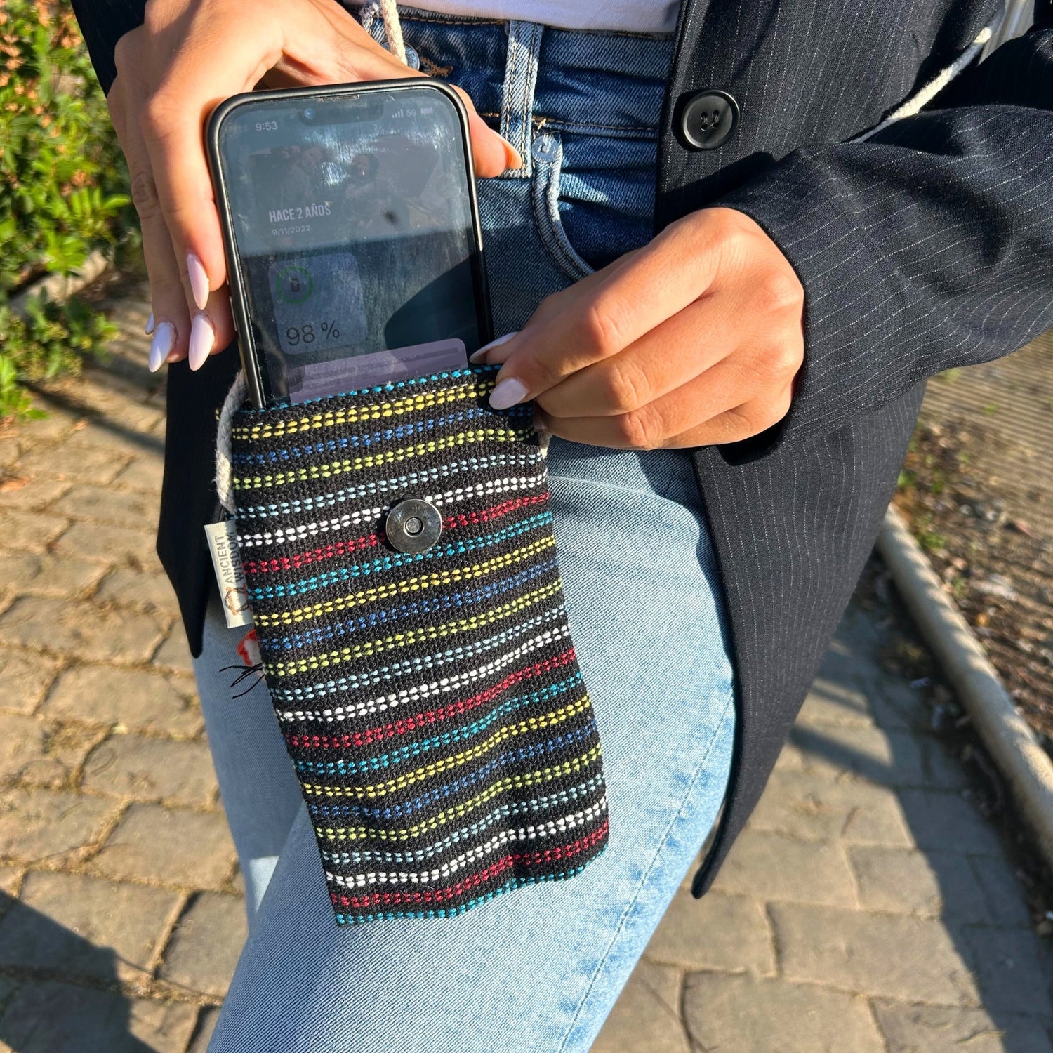 Colorful Striped Fox Face Phone Holder Bag with Strap - Black & Multi Fabric Pouch for Casual Use - SHAMTAM.COM