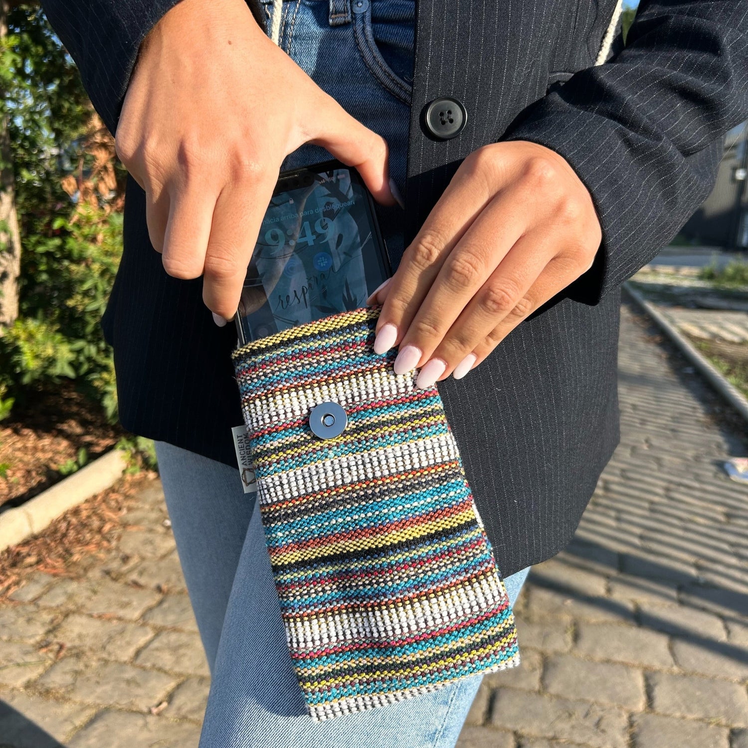 Colorful Striped Phone Holder Bag with Owl Decor – Multi - Color Neck Pouch for Small Items - SHAMTAM.COM