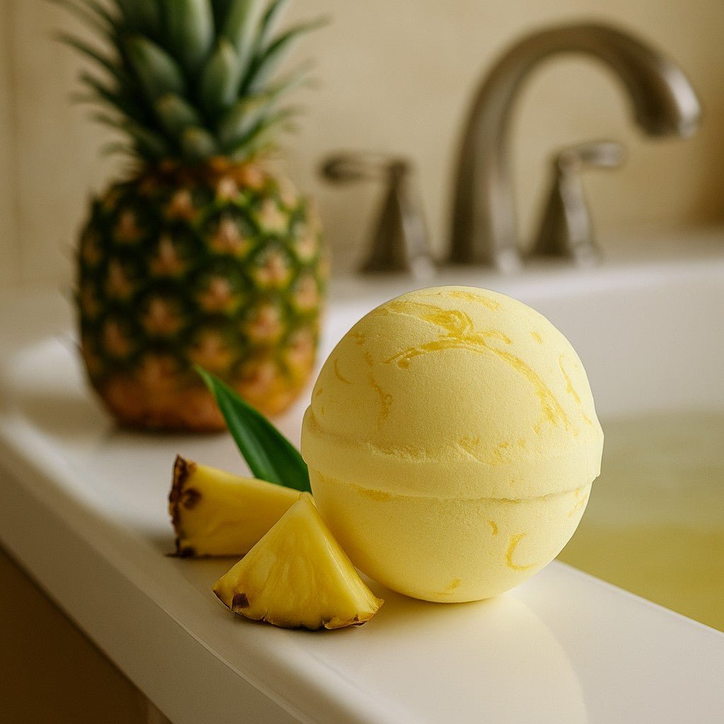 Yellow bath bomb with pineapple slices and a whole pineapple on a bathroom counter.