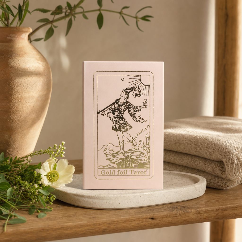 Pink Box Ruby Foil Tarot Card Gift Box Set - with booklet — styled in a warm, naturally lit interior