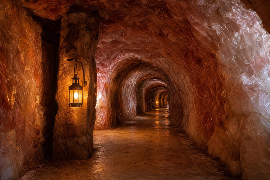 The interior of the Khewra Salt Mine showing crystalline pink and amber salt walls lit by a hanging lantern