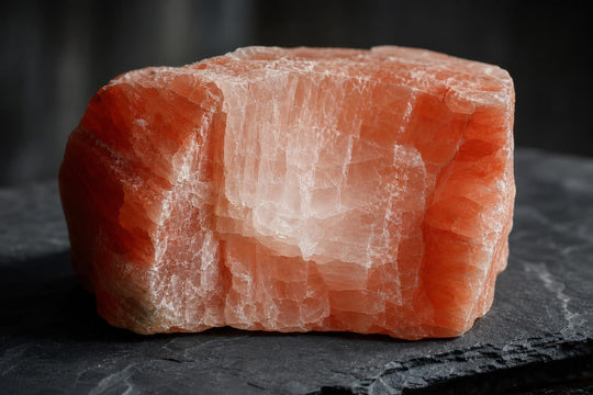 A split block of Himalayan pink salt showing the interior crystal gradient from deep terracotta to pale rose